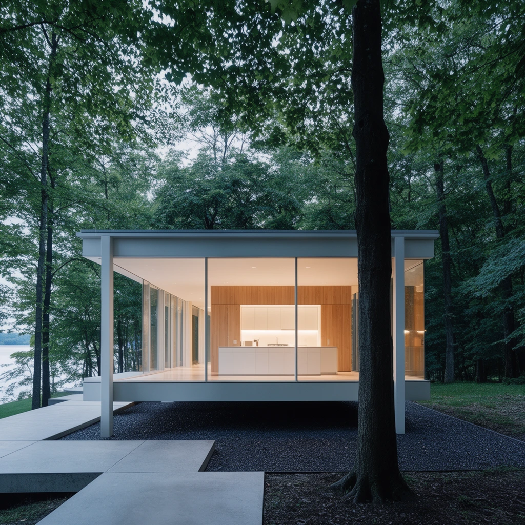 modern minimalist glass pavilion in a dense forest, flat roof, floor-to-ceiling windows, glowing white kitchen with warm wood paneling, structure floating over a dark gravel bed, geometric concrete walkway, thick dark tree trunk in the right foreground, bright warm interior lighting contrasting with cool twilight ambiance, lush green canopy, distant lake on the left, crisp architectural photography, wide-angle perspective
