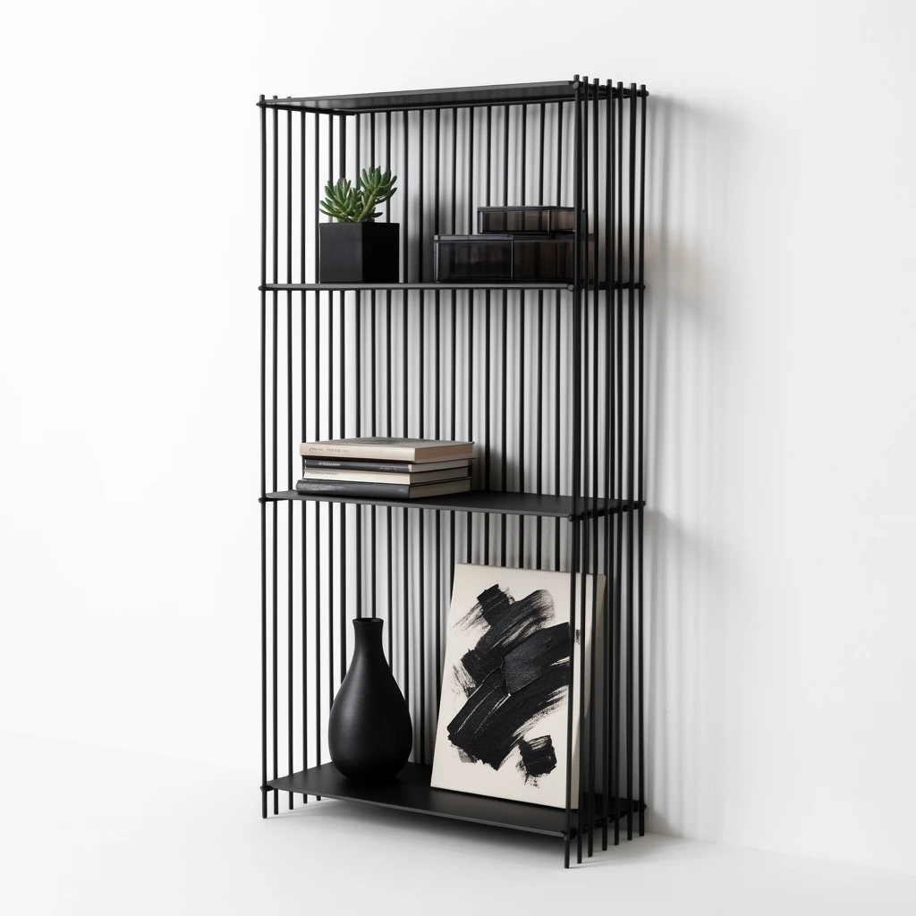 A minimalist black metal shelving unit formed by closely spaced vertical rods leans against a stark white wall. The tall rectangular rack holds a curated display: a small black planter with a green succulent, dark translucent rectangular boxes, a horizontal stack of hardcover books, a matte black teardrop vase, and an upright canvas displaying thick abstract black brushstrokes. Soft studio lighting casts subtle shadows to the right, emphasizing the high-contrast modern aesthetic and pristine product photography style.