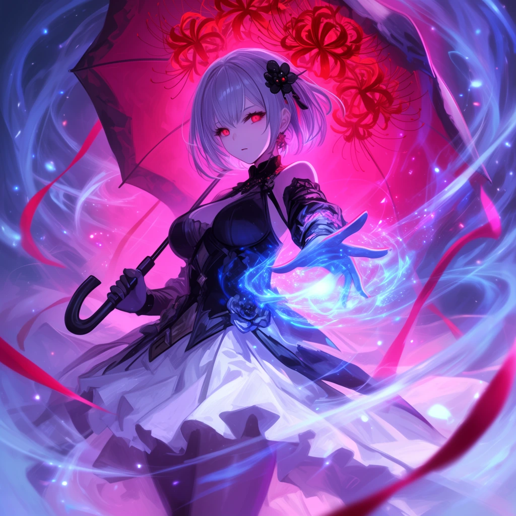anime woman, short silver-purple hair, black floral hairpin, glowing red eyes, dark bodice, layered white skirt, holding open umbrella with red spider lily underside, outstretched hand conjuring bright blue magic, swirling ethereal wind, floating ribbons, dynamic magenta backlighting, glowing particle effects, dramatic low angle digital fantasy illustration