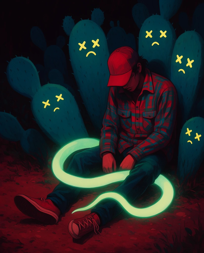 A stylized pop-surrealist illustration of a person slumped asleep among anthropomorphic cacti in the dark. The individual wears a red baseball cap pulled low, a red and teal plaid flannel shirt, dark jeans, and red sneakers. They sit heavily on reddish-brown dirt with their head bowed and hands resting limply near their lap. A bright, intensely glowing pale green serpentine form weaves gracefully over their legs, casting a stark, eerie luminescence. The surrounding cluster of large, flat, deep teal cactus pads feature glowing yellow, minimalist faces composed of cross-shaped eyes and small frowning mouths. The composition utilizes a dramatic, high-contrast color palette dominated by rich crimsons and moody cyans against a pitch-black background, enhancing the heavy, supernatural atmosphere of the nighttime scene.
