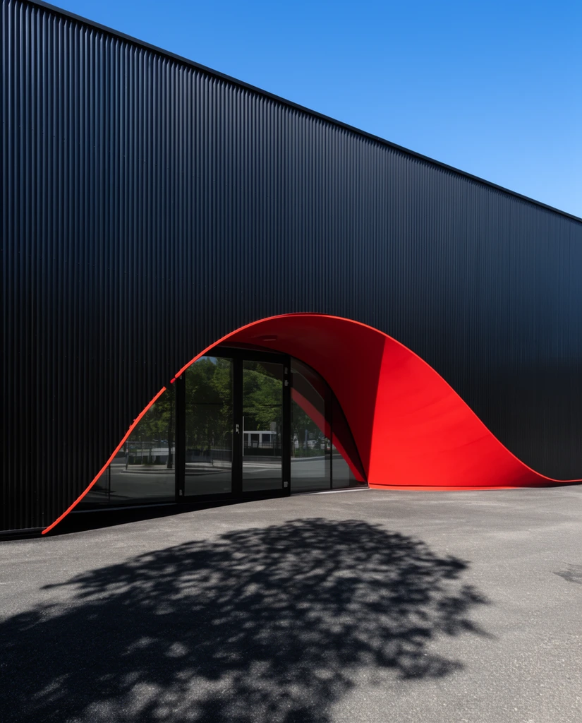 Modern black corrugated metal building facade, striking red curved entrance cutout, reflective glass doors, asphalt ground, dappled tree shadow, bright blue sky