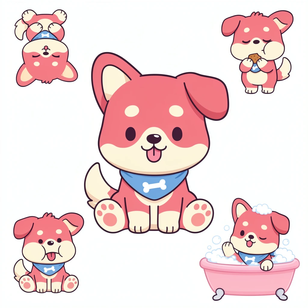 kawaii vector character design sheet of a cartoon dog, pinkish-red and cream fur, clean dark outlines, pastel palette, main central dog sitting playfully with one floppy ear and tongue out, wearing a blue bandana with a bone graphic, smaller poses include the dog sleeping upside down on its back, chewing food with puffed cheeks, bathing in a pink tub filled with white soapy bubbles, flat white background