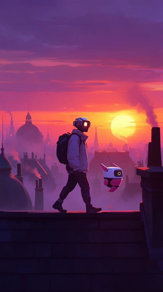 A futuristic traveler and a small floating robotic companion walk along a dark rooftop at sunset. The person wears a pale jacket, a backpack, and a blocky helmet featuring a glowing square faceplate. Beside them hovers a rounded white and pink drone. The foreground ledge is cast in deep purple shadow. Beyond, a misty cityscape of domed roofs, spires, and smoking chimneys stretches out. A brilliant yellow sun sets against a dramatic sky painted in vibrant gradients of magenta, orange, and purple. The digital illustration features atmospheric perspective, strong backlighting, and cinematic framing.