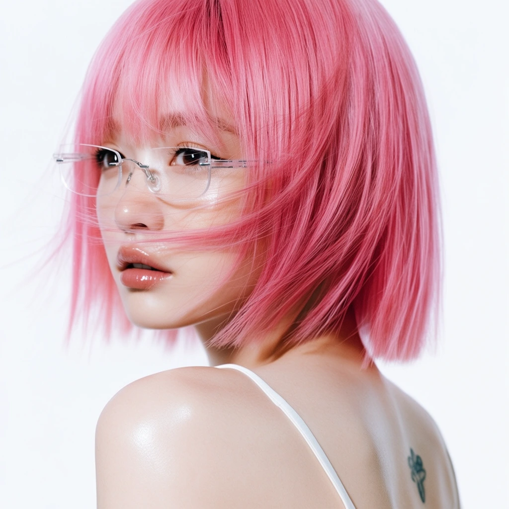 close-up portrait of a young woman looking over her bare shoulder, vivid pink bob haircut with bangs, clear rimless glasses, glossy lips, stray hair blowing across face, pale skin, small back tattoo, white thin-strap camisole, pure white background, high key studio lighting, luminous skin highlights, editorial photography