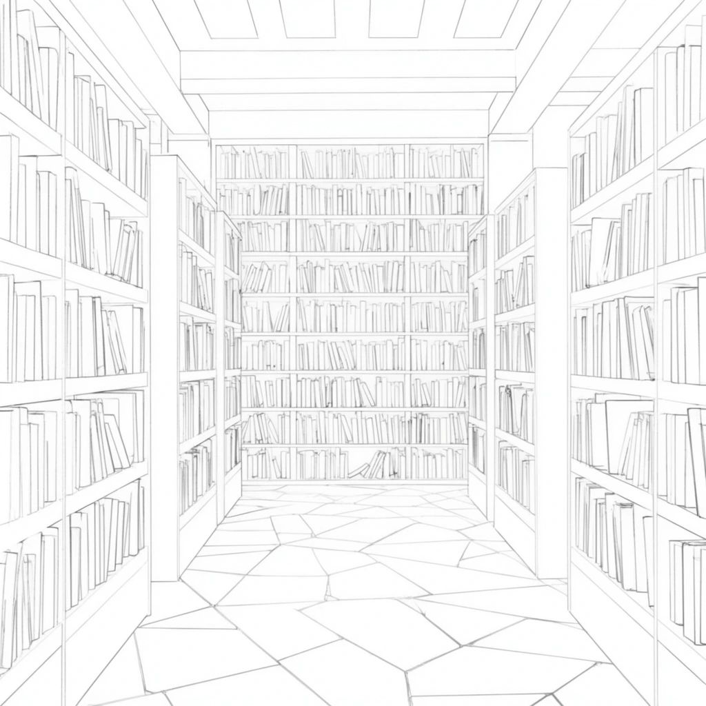 A stark black and white architectural line drawing captures a wide library corridor rendered in precise one-point perspective. Tall bookcases flank the central walkway, their shelves tightly packed with vertical and leaning volumes. At the far end, a massive bookshelf covers the entire back wall, densely populated with books. The floor features large, irregular geometric tiles forming an intersecting, tessellated pattern. The ceiling incorporates recessed rectangular panels and structural beams. The visual relies entirely on thin, uniform contour lines on a solid white background, establishing a clean, minimalist wireframe aesthetic of an early technical draft.