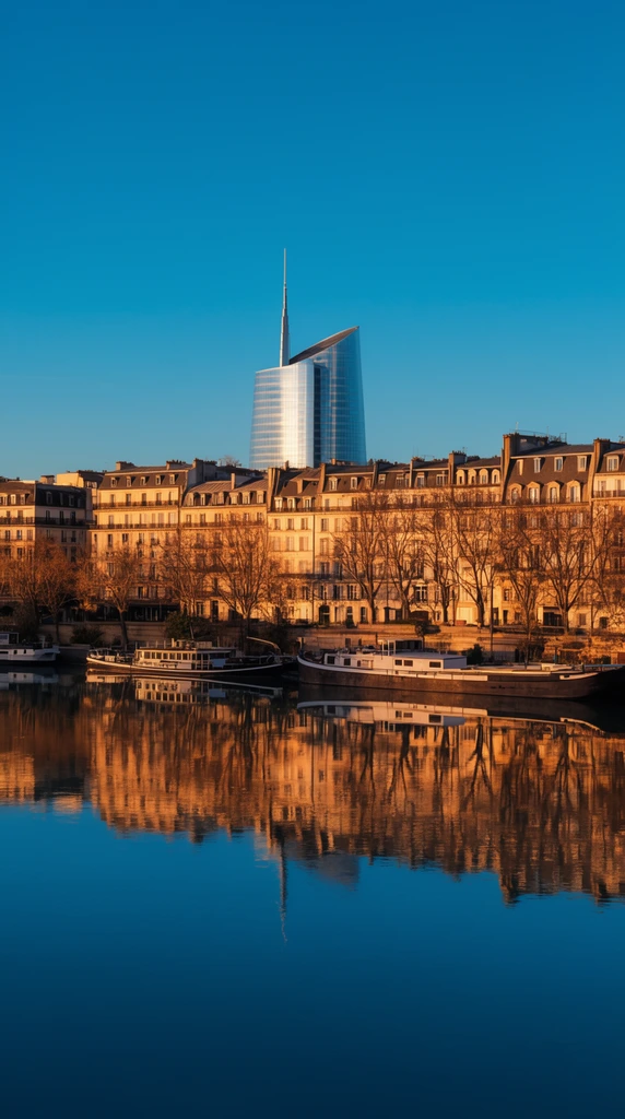 Golden hour sunlight bathes traditional buildings with mansard roofs and bare trees along a serene riverbank. A glassy deep blue river perfectly mirrors the glowing warm facades and moored riverboats. A sleek glass skyscraper with a pointed spire rises behind the architecture against a vibrant, cloudless blue sky.