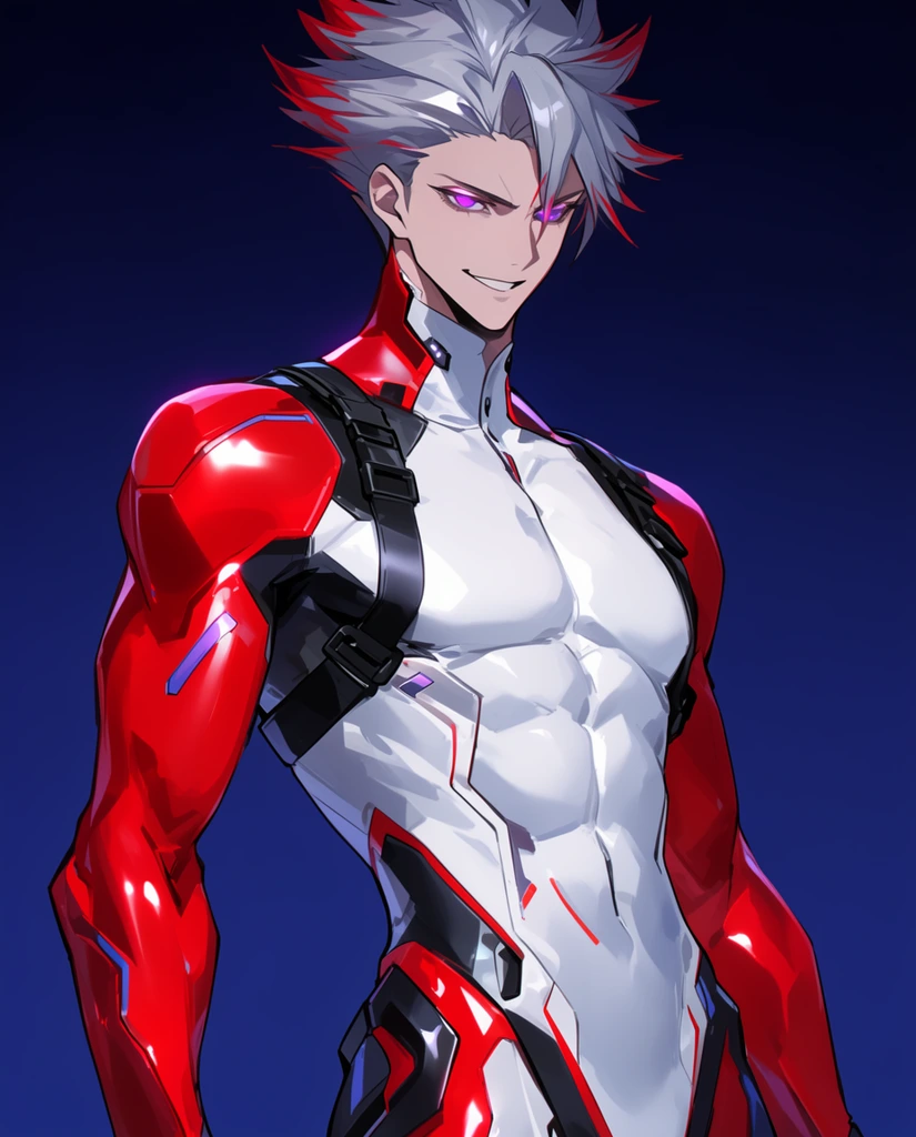 An anime-style man in a glossy red and white futuristic bodysuit stands against a dark blue background. He features a lean muscular build, spiky silver hair with red tips, glowing purple eyes, and a confident smirk. The high-tech suit includes a white torso, red arm panels, and black tactical straps. The digital illustration employs crisp cel-shading and intense specular highlights.