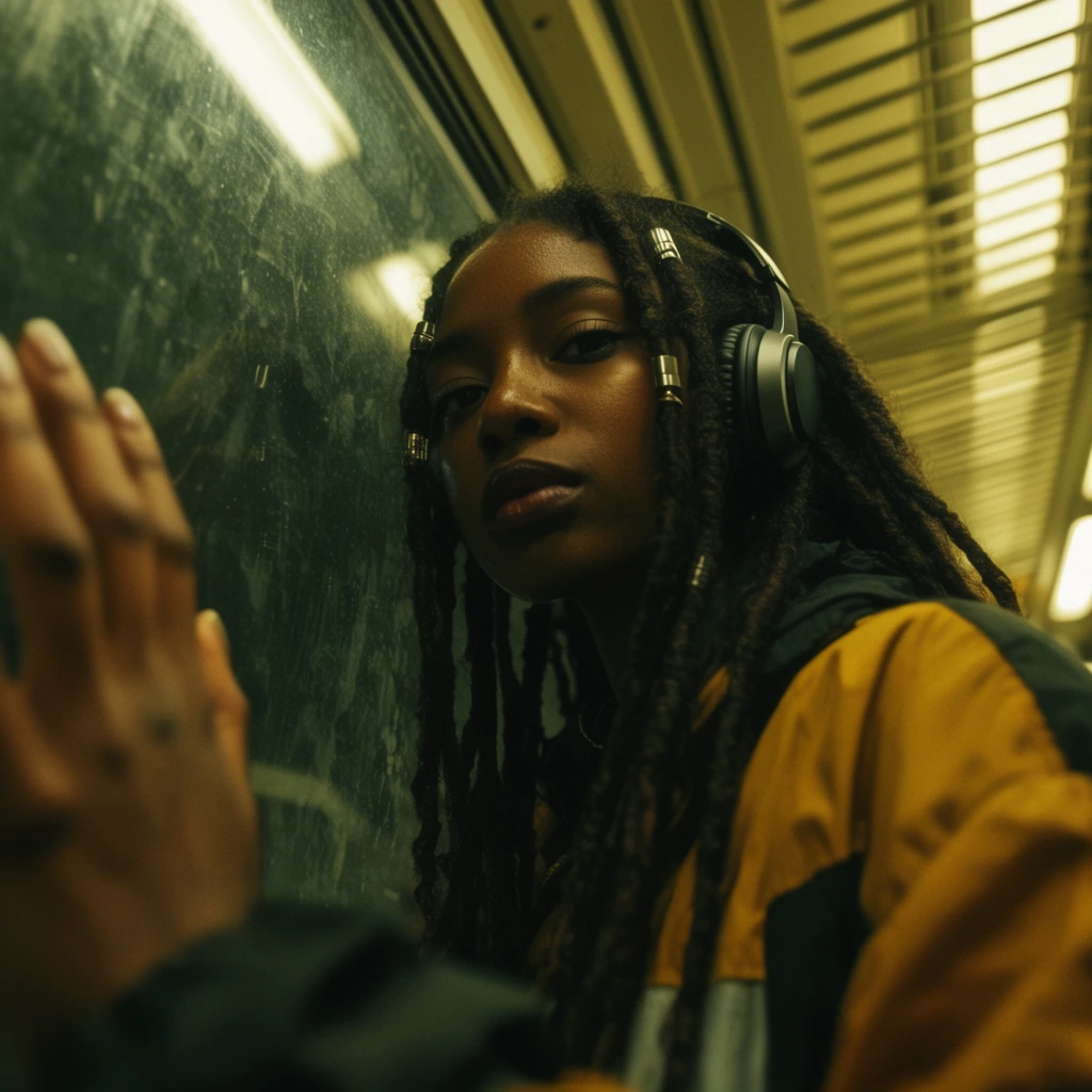 low-angle portrait of a young Black woman with long dreadlocks and metal hair cuffs, wearing over-ear headphones, leaning against a smudged train window, left hand resting on the glass, out-of-focus foreground hand, mustard color-blocked jacket, overhead fluorescent lights, ribbed ceiling vents, moody yellow-green cinematic color cast, deep shadows, gritty urban atmosphere, shallow depth of field