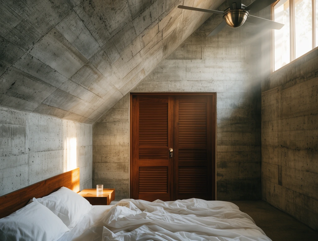 A minimalist bedroom defined by a steeply pitched board-formed concrete ceiling and walls. A low bed with rumpled white linens sits in the foreground. Rich brown wooden louvered double doors and an elevated window filter bright sunlight, casting hazy rays across the brutalist textures. A metallic ceiling fan hangs from the angled roof near a wooden nightstand holding a glass, bathed in warm natural light.