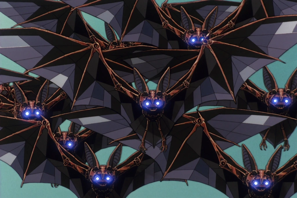 A chaotic swarm of bio-mechanical bat creatures with massive overlapping crystalline wings fills the frame in a vintage 2D animation style. The dark metallic bodies feature glowing blue optical sensors and jagged copper plating. Geometric wing facets layer densely against a muted teal background, rendered with menacing, detailed cel-shading.