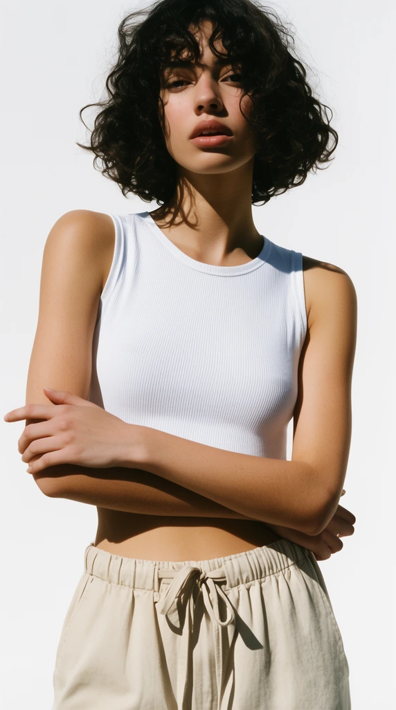 young woman with dark curly chin-length hair wearing a ribbed white crop top and beige drawstring trousers, arms crossed over her midriff, neutral expression with parted lips, stark white background, harsh direct sunlight, sharp dark cast shadows, minimalist fashion photography, high contrast