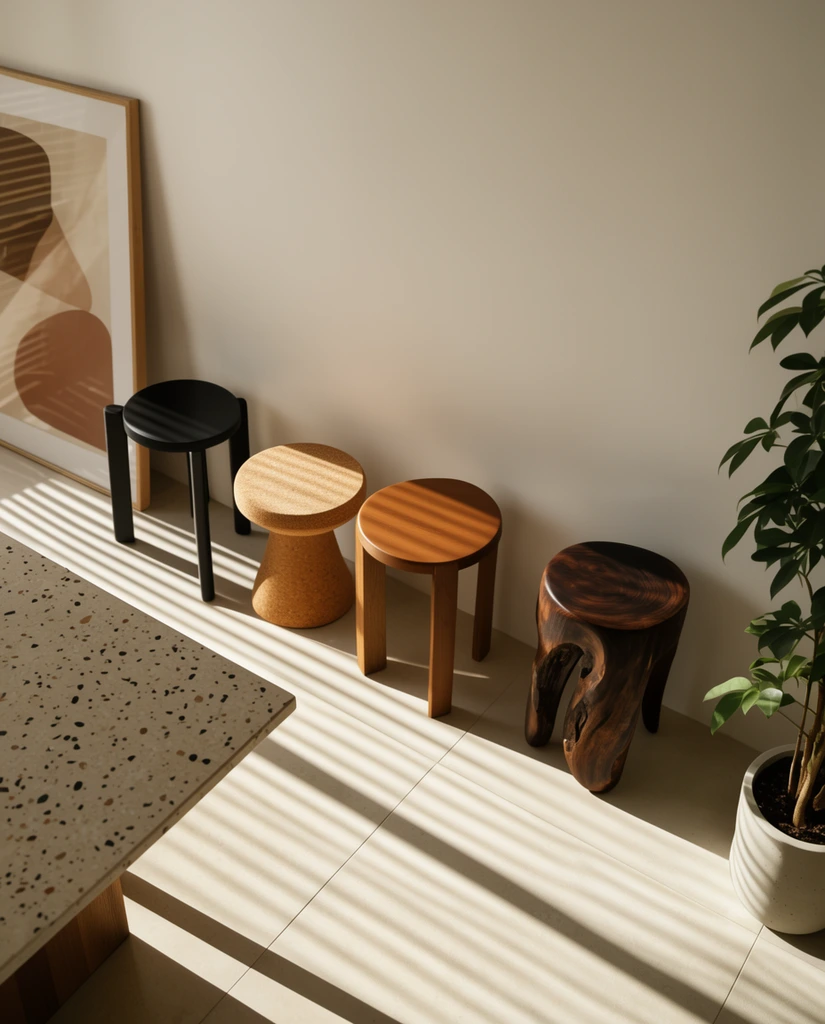 Four diverse minimalist stools line a plain off-white wall on a tiled floor under sharp slatted blind shadows. The row features black, cork, and organic dark wood designs. A speckled table, leaning art, and a potted plant sit nearby in a warm, high-angle interior setting.