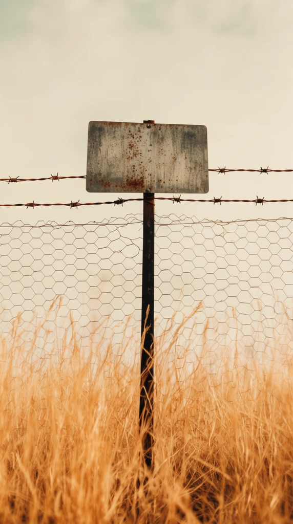 rusty barbed wire, hexagonal wire mesh, weathered rectangular metal sign on dark vertical post, tall dry golden grass foreground, shallow depth of field, pale overcast sky, vintage warm tones