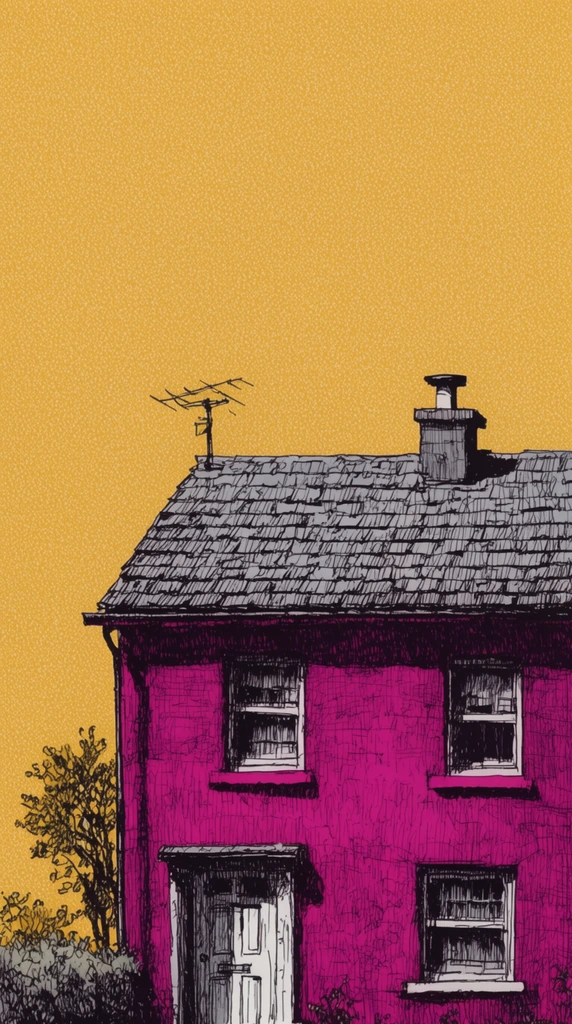 Magenta two-story house illustration, gray shingled roof, chimney, antenna, heavy ink cross-hatching, comic art style, small tree, expansive stippled mustard-yellow background, minimalist composition