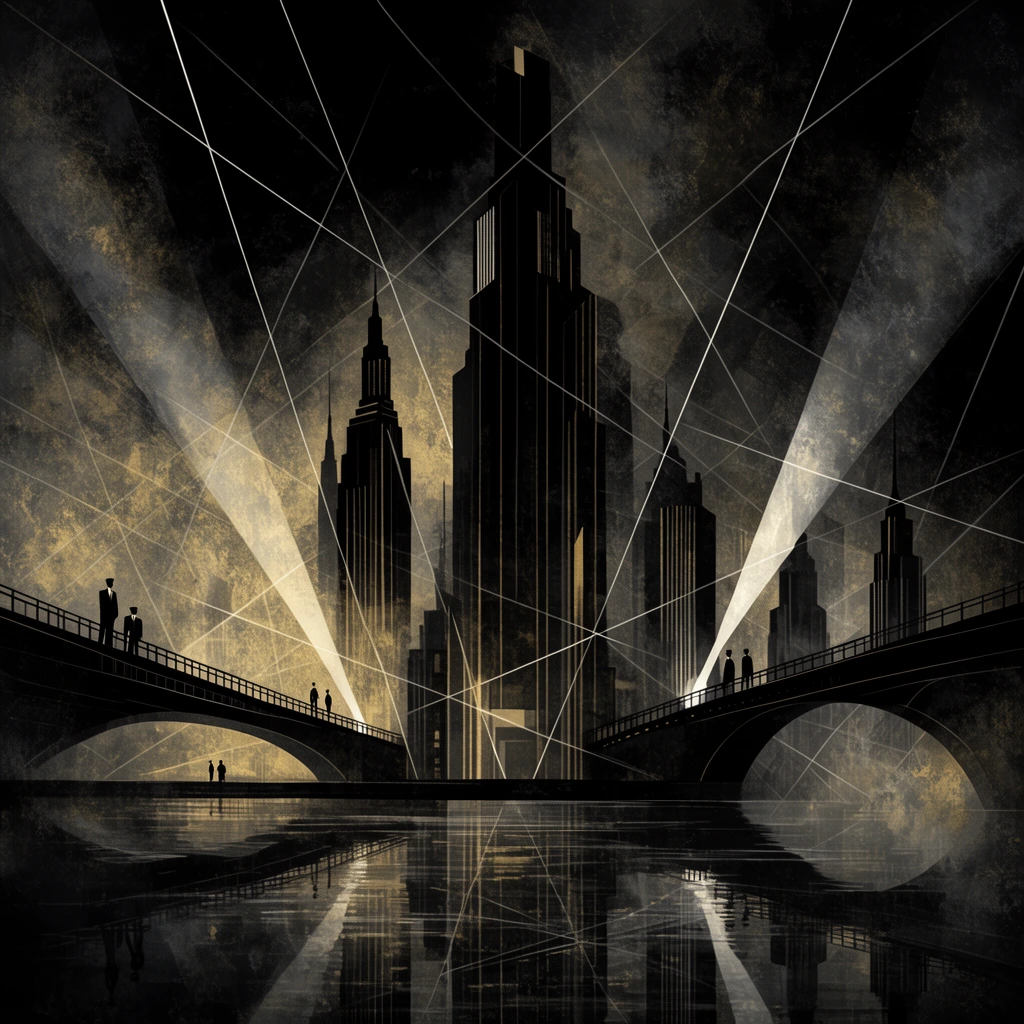 Dark art deco cityscape with towering skyscrapers, elevated bridges, sweeping searchlights, and tiny silhouetted figures. A geometric web of thin white lines overlays the smoky, textured scene in deep blacks and muted golds, above a watery reflection.