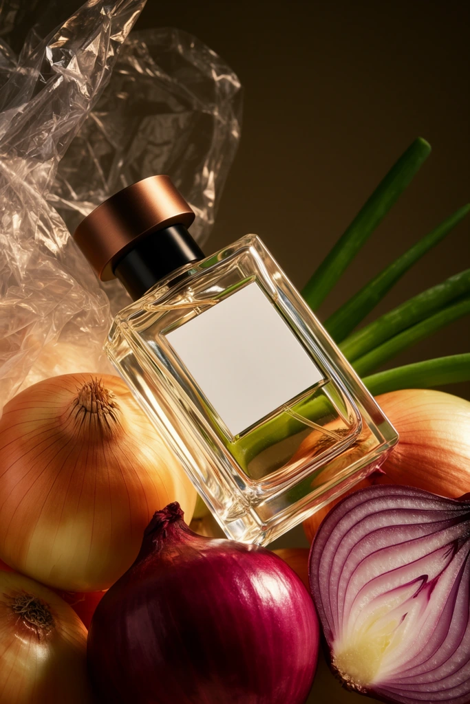 A sleek, rectangular glass perfume bottle rests diagonally atop a rustic assortment of raw onions. The transparent bottle features a metallic bronze cap, a black neck, and a solid white label, filled with a pale golden liquid. It is cradled by a whole yellow onion, a vibrant red onion, and a halved red onion displaying its intricate purple-and-white internal rings. Vibrant green scallion stalks extend into the dark olive-brown background. Crinkled, translucent plastic film sits in the upper left. The high-end commercial photography utilizes dramatic, warm side lighting that strikes the faceted glass and plastic, creating luminous highlights. A shallow depth of field keeps the luxury flacon and immediate alliums in sharp focus against the softly blurred background, highlighting the surreal juxtaposition of cosmetics and earthy produce.