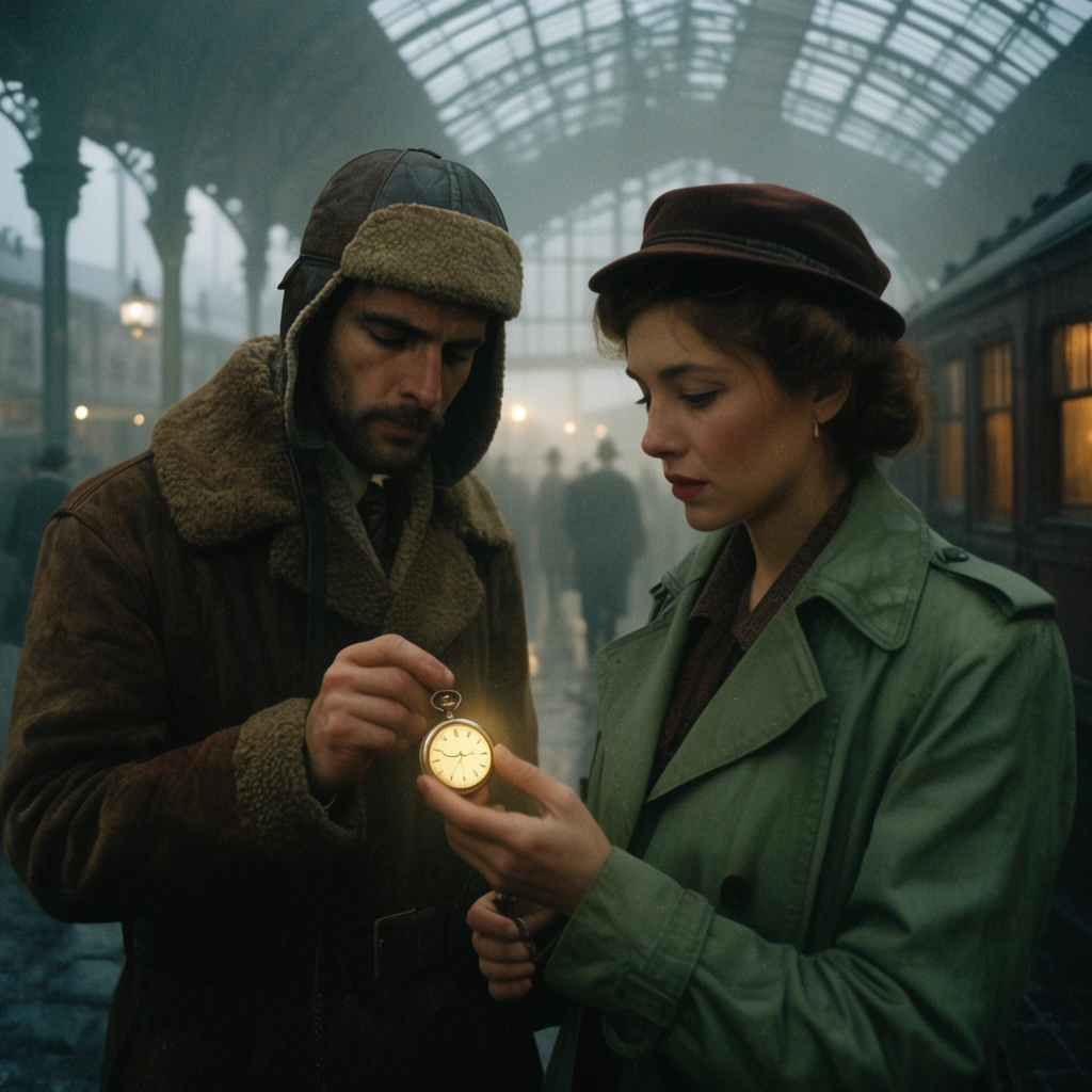 man in aviator cap, woman in green trench coat, examining glowing pocket watch, misty Victorian train station background, cinematic lighting, 35mm film