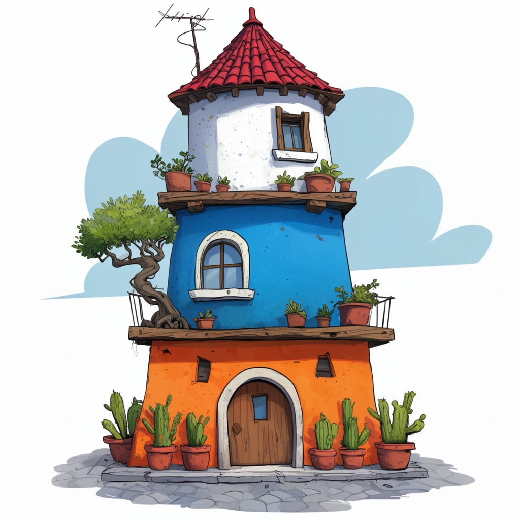 Whimsical stacked three-story house, vibrant cartoon illustration with bold outlines, orange ground floor featuring an arched wooden door and potted cacti, bright blue middle tier with arched window and twisted tree on a balcony, white top tower capped by a conical red tiled roof and wire antenna, scattered terracotta potted plants on rustic wooden ledges, grey stone pavement base, white background with stylized light blue clouds, digital architectural fantasy