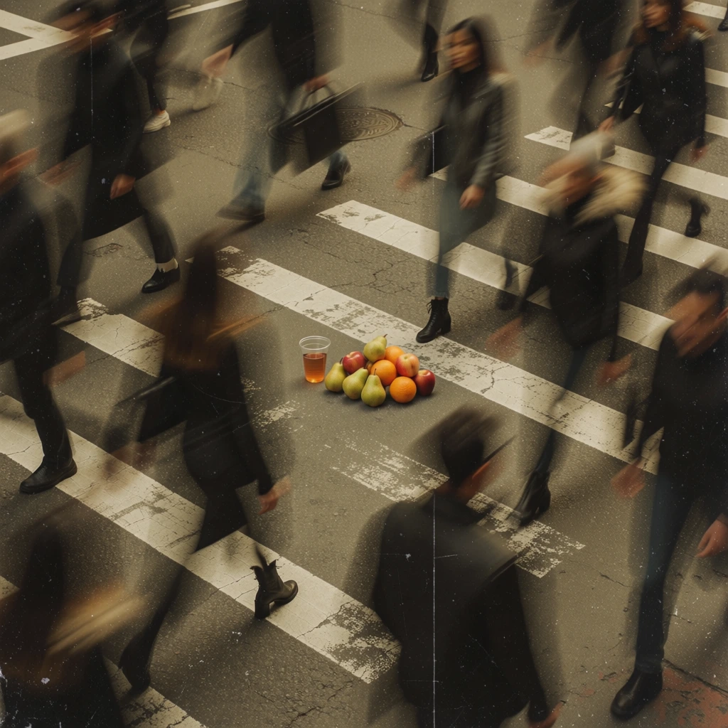 high-angle bird's-eye surveillance aesthetic, telephoto compression of a glass of juice and a pile of pears, apples, and oranges on a gritty asphalt crosswalk, kinetic long-exposure motion blur of ghostly pedestrians streaking past the static fruit, warm amber-toned sepia color grade, heavy analog film grain, technical red vector hud overlays with monospaced data and bounding boxes, sharp focus on the fruit subjects amidst low-shutter-speed urban chaos, high-signal grit.