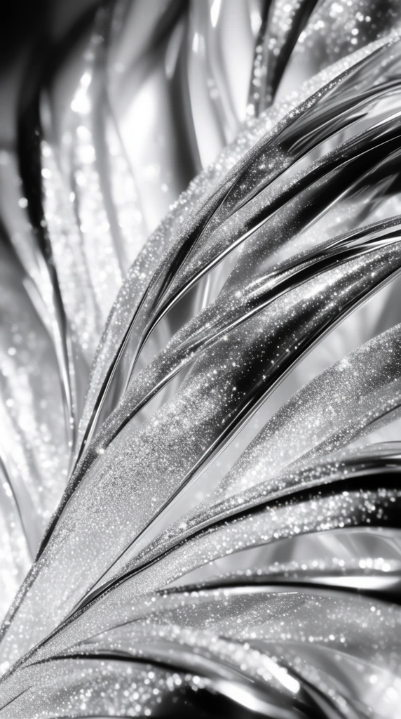 Macro photography of silver metallic feathers, fine sparkling glitter coating smooth overlapping ridges, high contrast black and white, shallow depth of field, abstract geometric curves, bright granular highlights contrasting with polished metal, ethereal futuristic texture