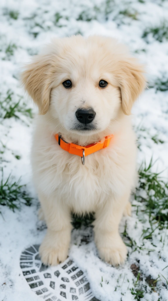 fluffy light cream puppy sitting on patchy snow, bright orange collar with metal D-ring, direct eye contact, soft thick fur, distinct human boot print with tread marks in the snowy foreground, green grass peeking through a thin layer of white snow, close-up portrait, slightly high angle, soft natural daylight, shallow depth of field