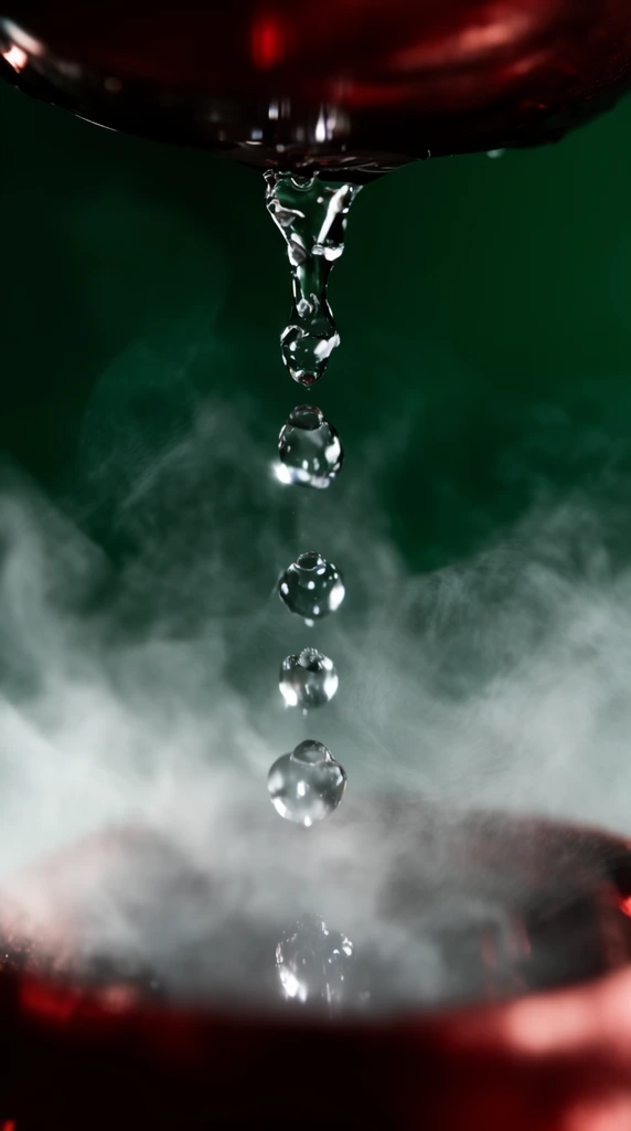 A vertical sequence of sharp, glistening water droplets falls through thick, swirling white mist. Heavily blurred dark red vessels at the top and bottom frame the central high-speed macro action. Illuminated by dramatic, high-contrast lighting against a dark emerald green background.