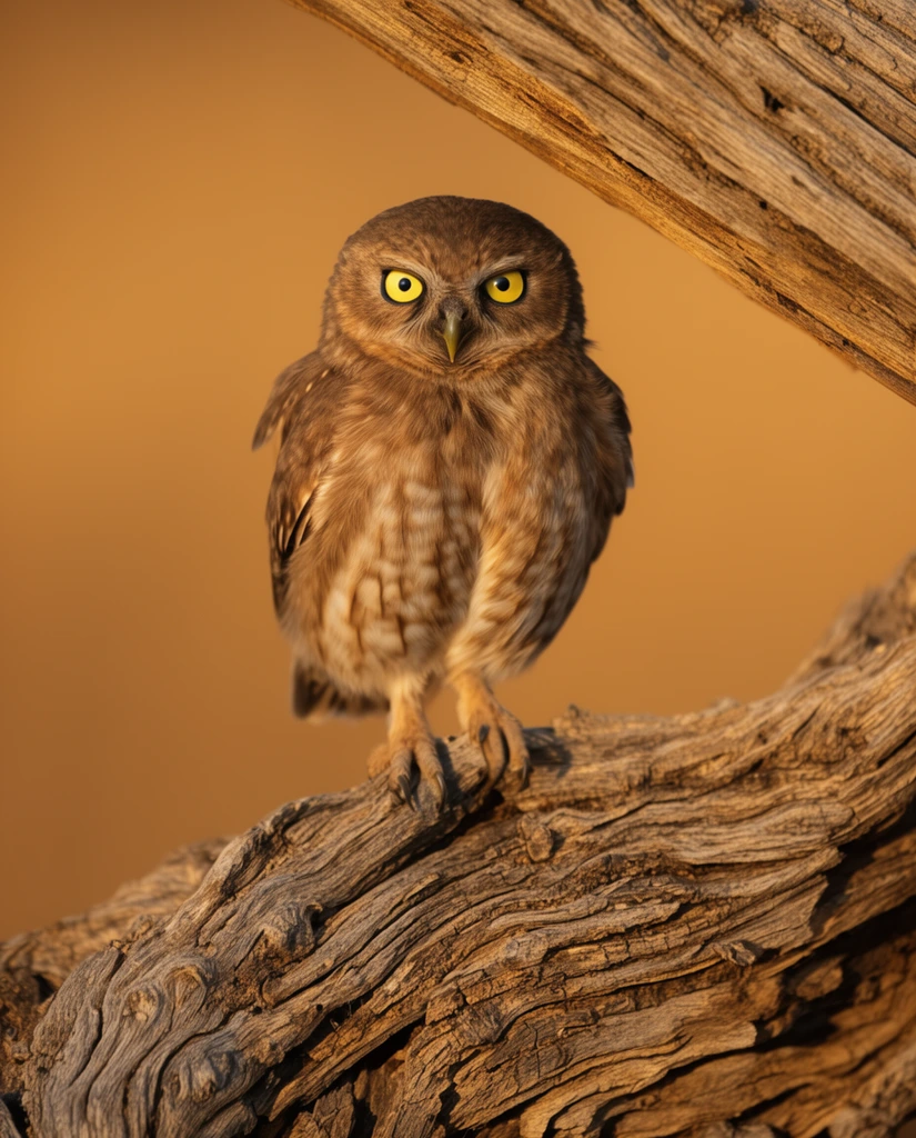 small mottled brown owl with intense bright yellow eyes facing forward, perched on a deeply furrowed gnarled dead branch, tucked under an angled wooden overhang, sharp focus on cracked bark and soft feathers, blurred uniform warm ochre background, golden hour wildlife photography, telephoto lens