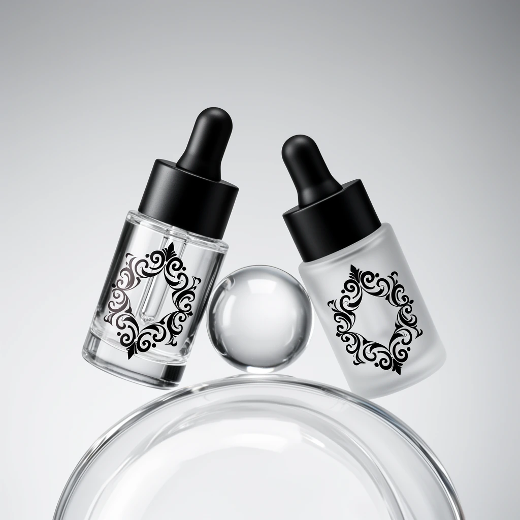 two floating cosmetic dropper bottles, one transparent glass, one frosted glass, matte black caps, black rubber squeeze bulbs, ornate black decorative motifs, perfectly round clear glass sphere suspended between them, large transparent curved surface in the lower foreground, smooth light gray gradient background, pristine studio lighting, clean monochromatic minimalist product photography, crisp highlights