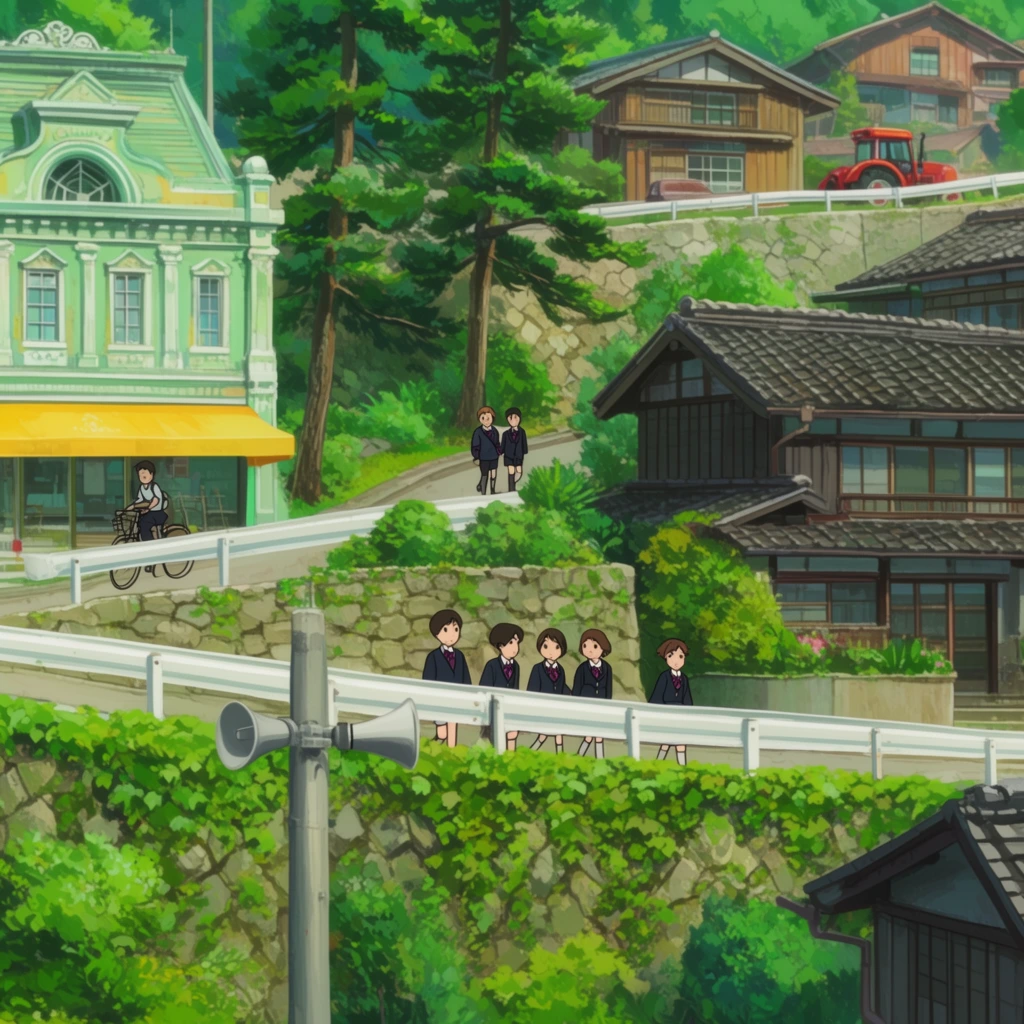 A vibrant 2D animated hillside town bathed in bright sunlight featuring winding tiered roads and lush greenery. Five students in uniform walk along a mid-level road behind a white guardrail. Above them two more students walk near a bicyclist. The architecture mixes an ornate pastel-green classical building with a yellow awning on the left and traditional wooden houses with dark tiled roofs on the right. Ivy-covered stone retaining walls support the steep terrain interspersed with tall pine trees. A utility pole with gray loudspeakers anchors the foreground while a red tractor rests near houses at the hill's peak. The aesthetic features crisp warm lighting and deeply layered hand-painted background details.