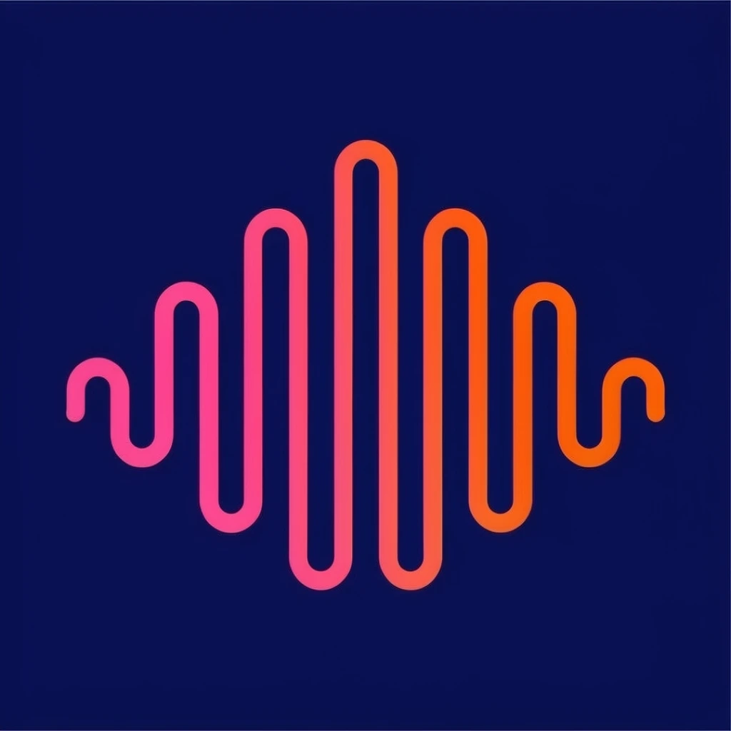 A minimalist abstract design featuring a continuous, undulating line that forms a symmetrical wave pattern against a solid dark navy blue background. The central linear element consists of smoothly rounded vertical loops, peaking at the highest point in the middle and tapering symmetrically into shorter loops on either side. The stroke exhibits a luminous, vibrant color gradient transitioning seamlessly from neon pink on the left to vivid orange on the right. The flat vector-style rendering creates stark visual contrast, emphasizing the smooth geometric curves and bright neon hues against the expansive deep blue negative space.