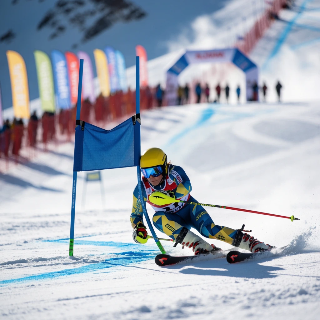 An alpine skier aggressively carves through a snowy slalom course in bright sunlight. Crouched in an aerodynamic tuck, the athlete wears a yellow helmet, blue mirrored goggles, and a blue and yellow geometric racing suit. Their skis edge sharply into the snow alongside painted blue marker lines, red poles trailing behind as they closely round a blue fabric gate. A shallow depth of field isolates the fast foreground action against a blurred background featuring a steep mountain slope, tall colorful banners, an archway, and distant spectator silhouettes.