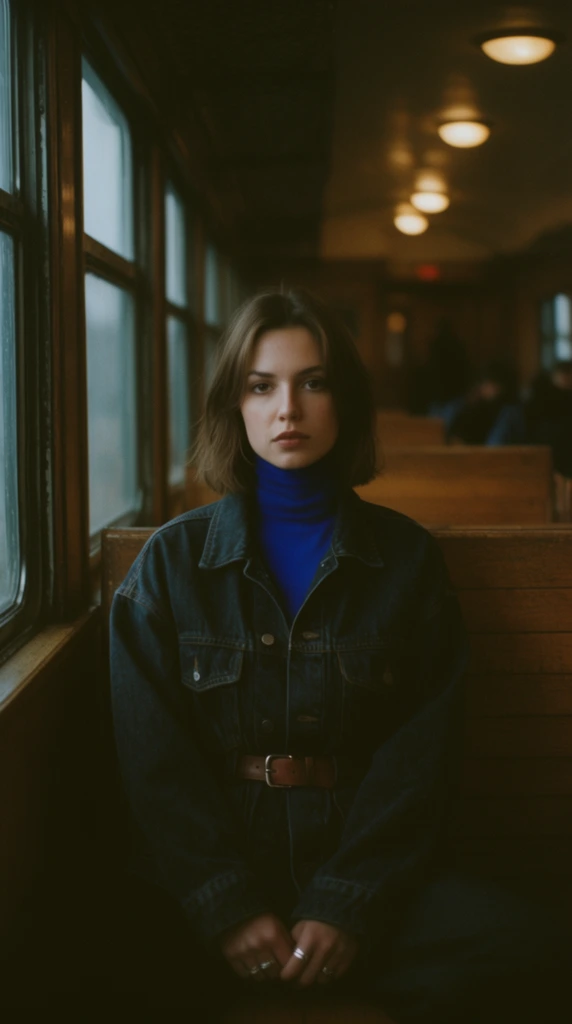 A young woman sits centrally on a wooden bench inside a dimly lit cabin, gazing directly forward. She has chin-length brown hair and wears an oversized dark denim jacket over a striking royal blue turtleneck, secured with a brown belt. Her hands are lightly clasped in her lap, showing silver rings. Cool natural light from large framed windows on the left contrasts with a receding row of warm circular ceiling lights in the heavily blurred background. The cinematic composition uses a shallow depth of field to soften the rows of seats and distant passenger silhouettes, emphasizing rich earthy tones, heavy shadows, and a vintage film grain aesthetic.