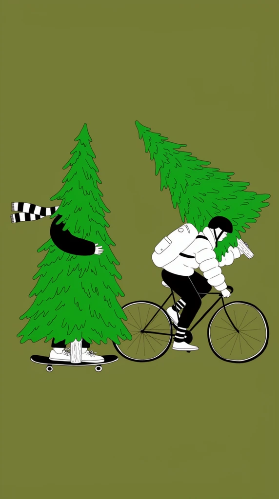 Two quirky figures transporting bright green pine trees populate a minimalist line-art illustration set against a solid olive green background. On the left, a tall pine tree riding a black skateboard entirely conceals a person, revealing only black-sleeved arms hugging the trunk, white sneakers, and a black-and-white striped scarf trailing horizontally in the wind. On the right, a figure in profile rides a thin-framed black bicycle, wearing a white puffy jacket, black pants, striped socks, and a black helmet. A large bright green pine tree leans diagonally out of their white backpack. The flat, graphic artwork features stark black contour lines and a limited palette of black, white, and vivid green, creating a playful, surreal juxtaposition.