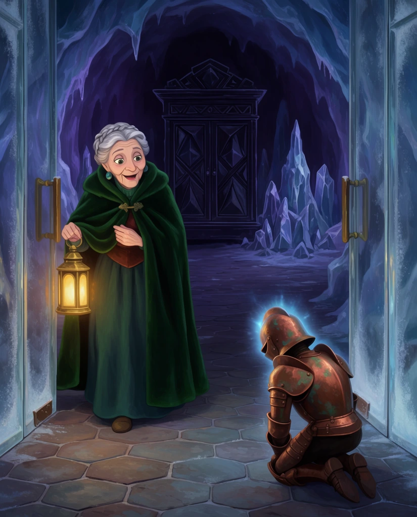 An elderly woman with braided silver hair and a heavy emerald green velvet cloak steps cautiously through frosted glass double doors into a cavernous, ice-walled subterranean vault. She holds a glowing golden lantern that casts warm light onto her wondrous expression. On the hexagonal slate floor ahead of her kneels a miniature, animated suit of oxidized copper armor, its helmet bowed reverently and emitting a faint azure glow. The vault behind them is shrouded in deep violet shadows, featuring jagged crystalline stalagmites and a massive obsidian cabinet carved with geometric patterns. The scene contrasts the warm amber lantern light against the freezing ambient blues of the glacial environment, rendered in a rich, hand-painted 2D animation style with moody atmospheric perspective.