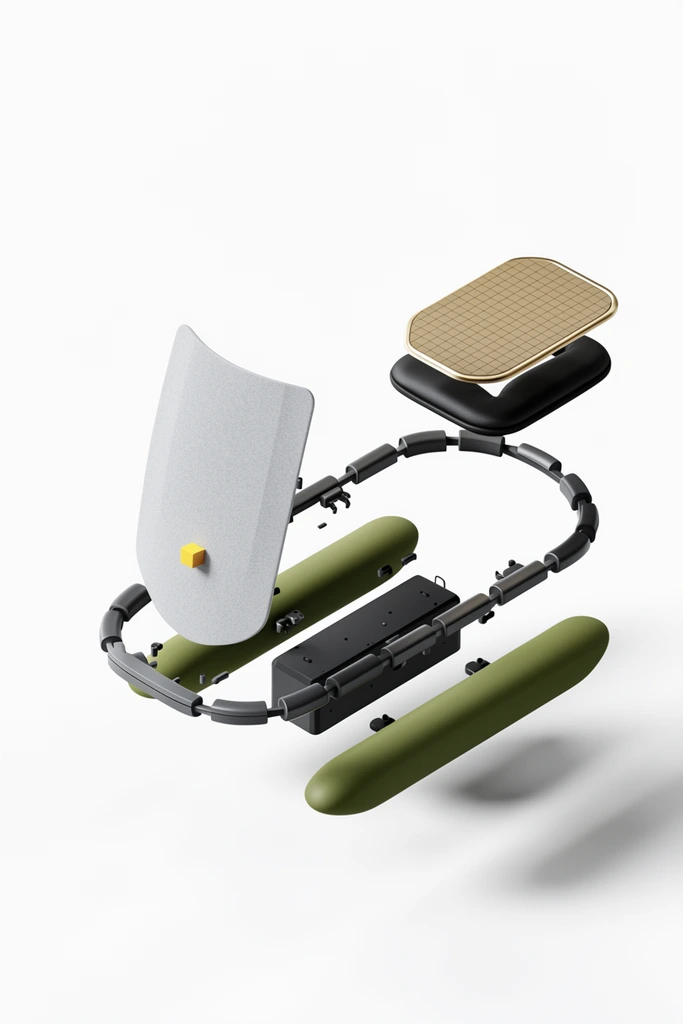 An exploded isometric 3D render of a mechanical assembly suspended over a stark white background. A dark grey segmented loop frame supports a curved, light grey textured shield bearing a small yellow cube. Two olive green pill-shaped pontoons hang below the chassis alongside a black rectangular module. The rear isolates a black padded cushion beneath a floating gold grid-patterned panel. Crisp overhead lighting casts sharp drop shadows directly beneath the separated matte components.