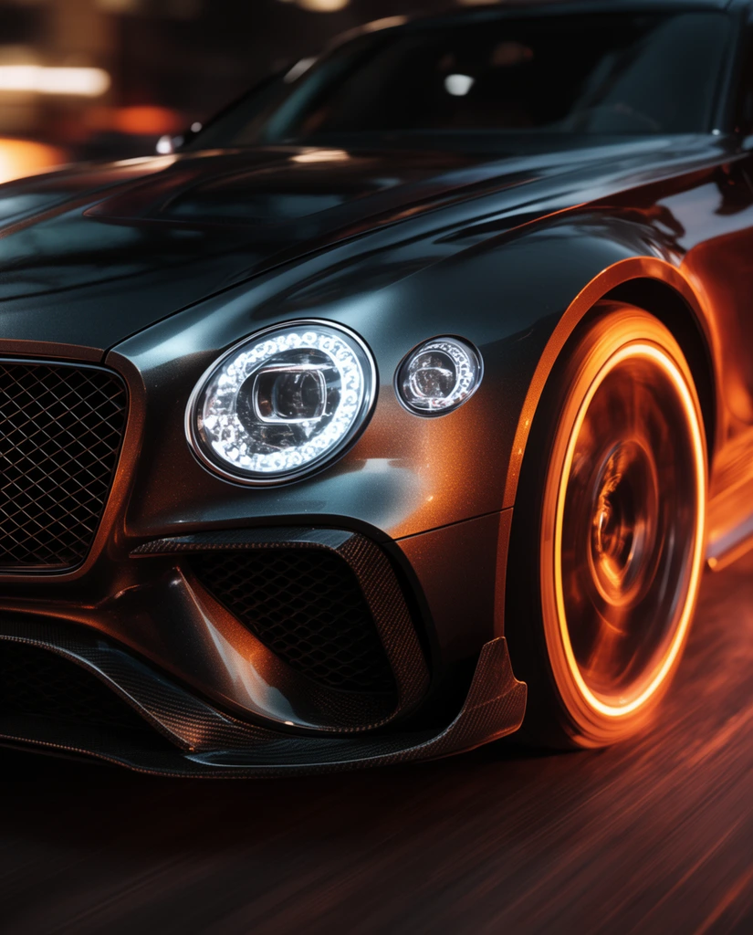 close-up of dark metallic sports car in motion, glowing intricate round LED headlight, honeycomb grille, carbon fiber air intakes, spinning blurred wheel, dramatic warm orange rim lighting
