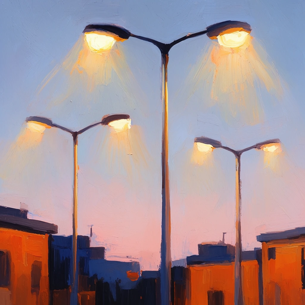 four illuminated streetlights against a pale blue and soft pink twilight sky, bright warm yellow glowing lamps casting downward beams, tall slender poles, impressionistic painting style, visible broad brushstrokes, thick impasto texture, low blocky architectural silhouettes at the base, warm orange and dark blue building facades, striking warm and cool lighting contrast