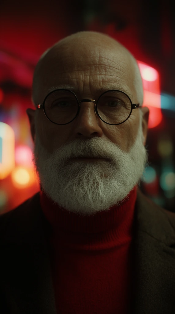 older bald man, thick white beard, round glasses, red turtleneck, looking forward, moody cinematic lighting, shallow depth of field, glowing neon background
