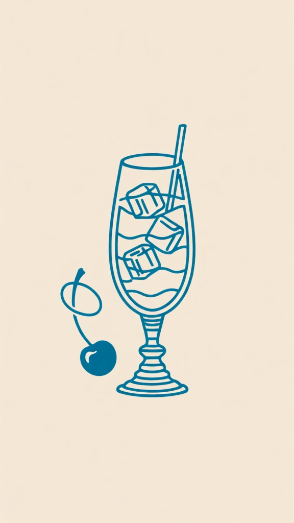cherry cocktail with ice, minimalist line art illustration, retro chic vibe