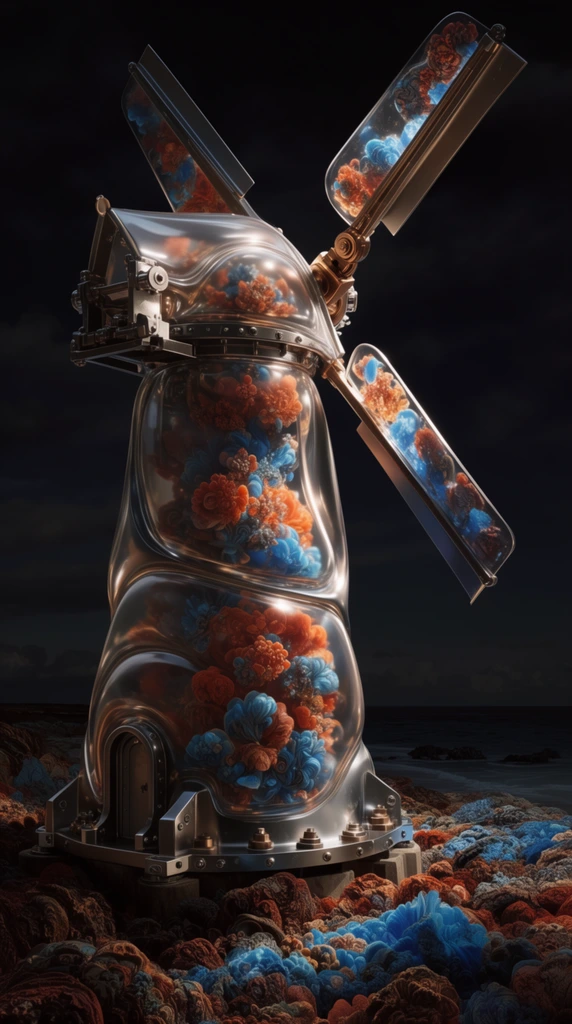 A towering windmill on a coastal shoreline at night, rendered in a hyper-detailed mechanical surrealist style characterized by glossy, transparent encasements and vivid chiaroscuro lighting. The windmill structure incorporates seamless, bulbous sections of transparent, glass-like casing that magnify a dense, vividly colored interior packed with intricate ornamental clusters in warm terracotta, vibrant orange, and brilliant cerulean blue. Smooth, highly reflective structural contours merge with heavily engineered metallic components, featuring articulated bronze joints, steel mounting brackets, and industrial rivets securing the heavy base and sails. Dramatic, theatrical directional lighting illuminates the sleek, polished textures of the tower, creating intense specular highlights and rich subsurface scattering against a deep black, moody night sky. The coastal ground intricately frames the base with complex, tightly packed geological formations that echo the dark umber, burnt sienna, and bright azure color palette of the main subject. The ultra-high-definition, 3D-rendered composition utilizes masterful material contrast, juxtaposing heavy, opaque metallic hardware against luminous, translucent structural segments enveloped in deep, velvety shadows.