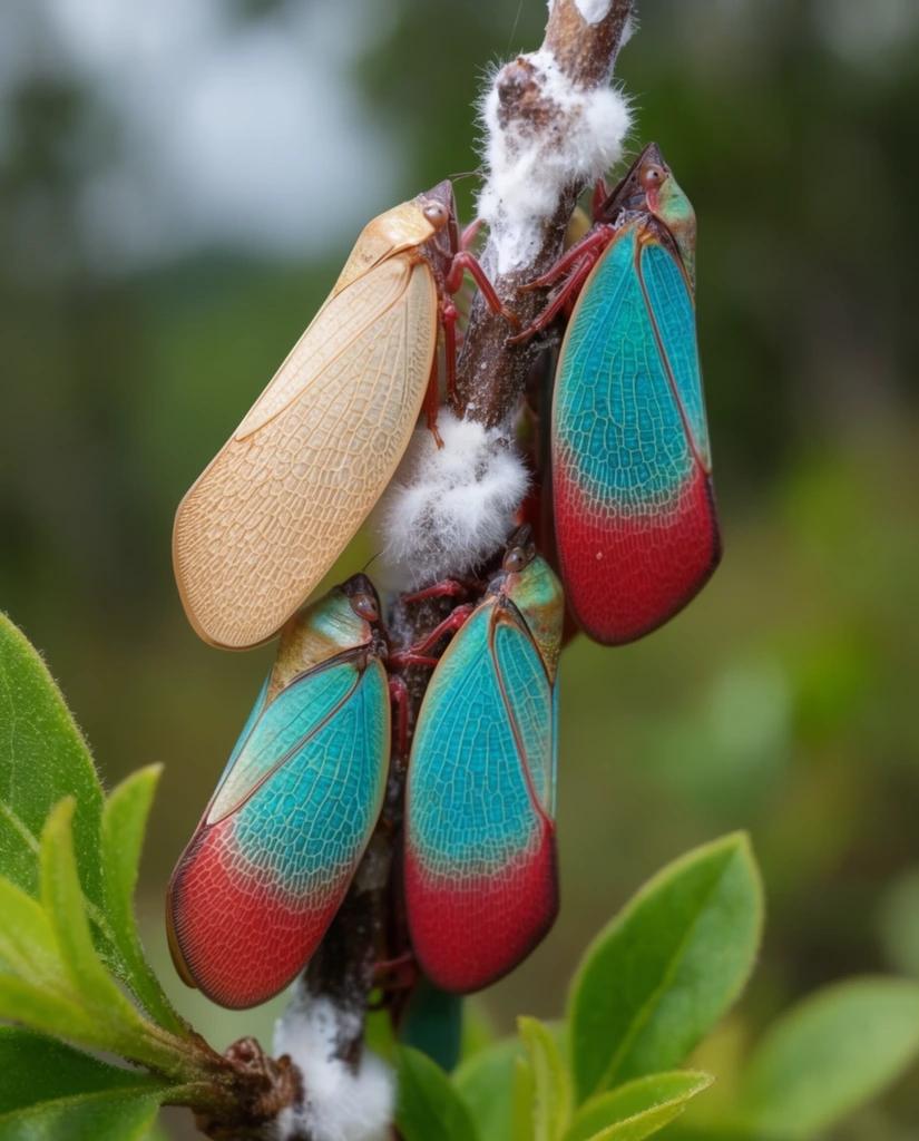 macro photo of vibrant leaf-shaped insects clustered on a thin branch, wings fading from pale tan to bright turquoise and deep red, fluffy white waxy patches on the twig, green leaves in foreground, blurred natural background, shallow depth of field, vivid colors