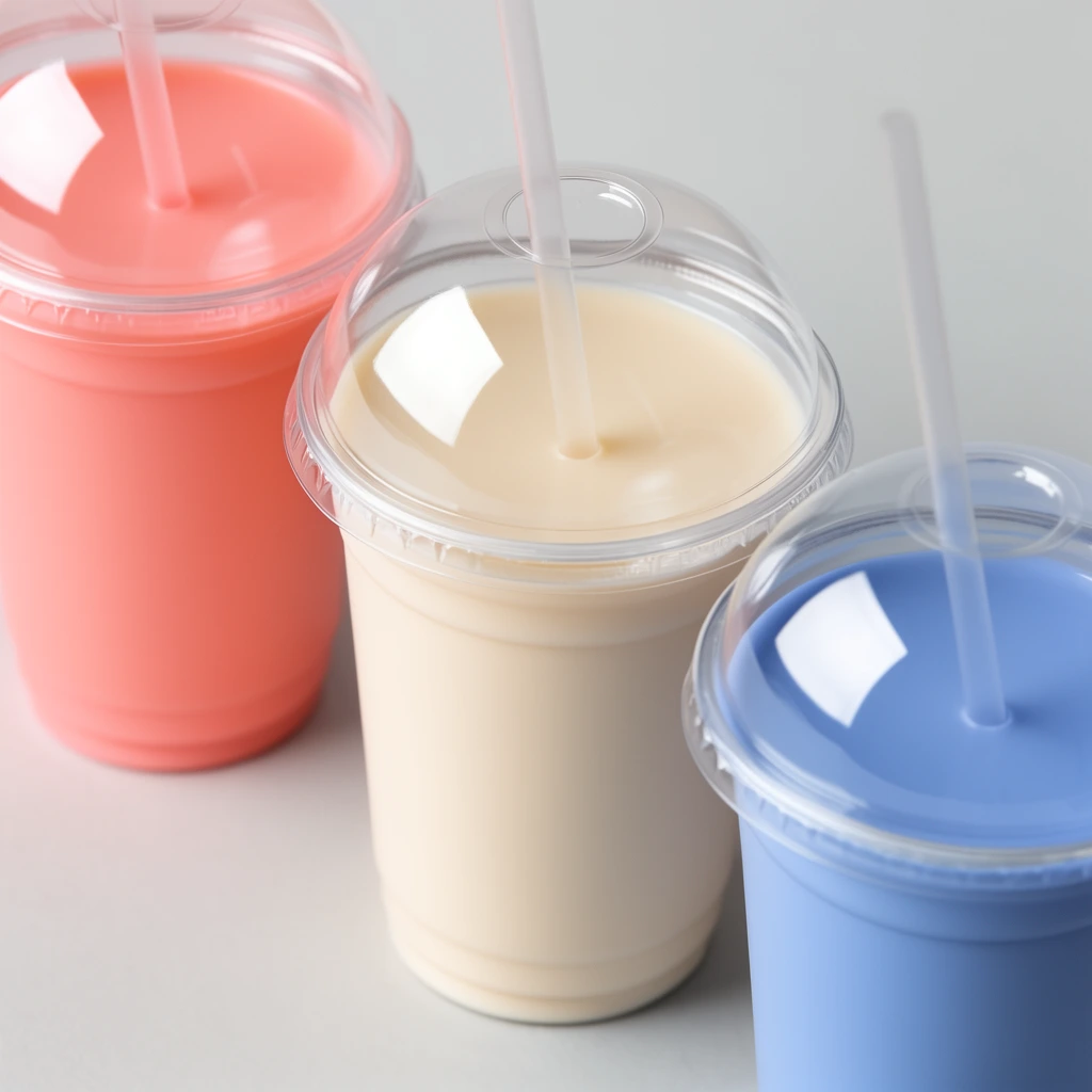 Three disposable plastic cups arranged diagonally on a minimalist light grey surface, filled with smooth, opaque pastel liquids in salmon pink, pale cream, and cornflower blue. Each cup is sealed with a glossy clear domed lid pierced by a translucent plastic straw. Soft, diffused studio lighting casts crisp curved reflections across the transparent domes, contrasting with the dense, matte appearance of the vibrant liquids inside. High-angle close-up product photography with shallow depth of field.