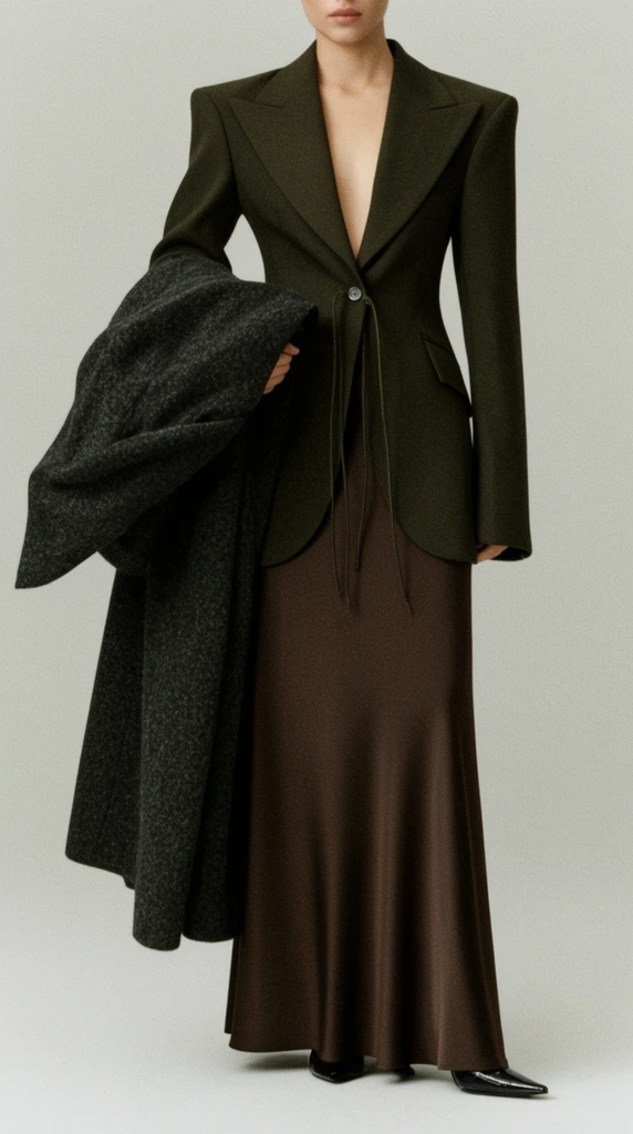 A standing figure cropped at the nose presents an avant-garde fashion silhouette against a seamless light gray studio backdrop. The subject wears a sharply tailored, dark olive-green blazer with exaggerated structured shoulders, wide lapels, and a deep V-neckline over bare skin, fastened by a single button with thin hanging drawstrings. A floor-length, fluid dark chocolate-brown skirt sweeps down to reveal glossy black pointed-toe shoes. The right arm holds a heavy, textured charcoal-gray wool coat draped over the forearm. Soft, diffused lighting casts gentle shadows to emphasize the garments' rich textures. The high-fashion editorial composition features a muted earthy palette and a distinct fine film grain.