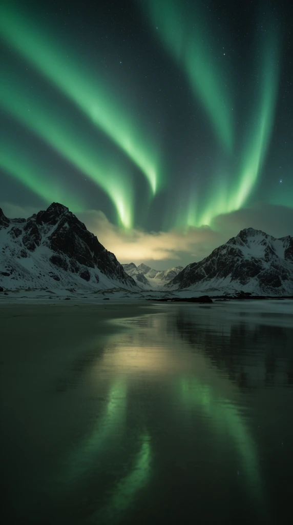 Vibrant green bands of the aurora borealis sweep across a star-studded night sky above jagged, snow-dusted mountains. Wide-angle astrophotography captures a calm coastal shoreline where expansive wet sand mirrors the neon green ribbons from above. A faint yellowish glow illuminates low clouds nestled between the dark mountain silhouettes. Long exposure techniques smooth the reflective shoreline, contrasting the deep shadows of the icy terrain with the luminous polar lights overhead.
