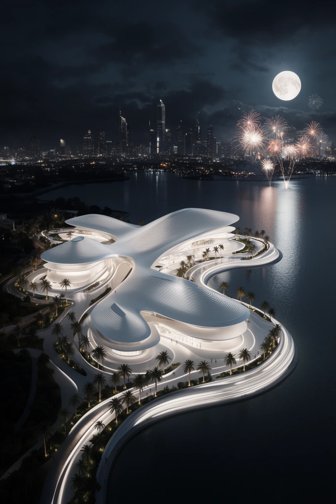 illuminated futuristic white architectural complex with undulating ribbed roofs on a nighttime waterfront, curved glowing promenades dotted with palm trees, dark calm bay waters reflecting bright building lights and a large full moon, distant city skyline with glowing skyscrapers and exploding fireworks, dark cloudy sky, high-contrast aerial architectural rendering