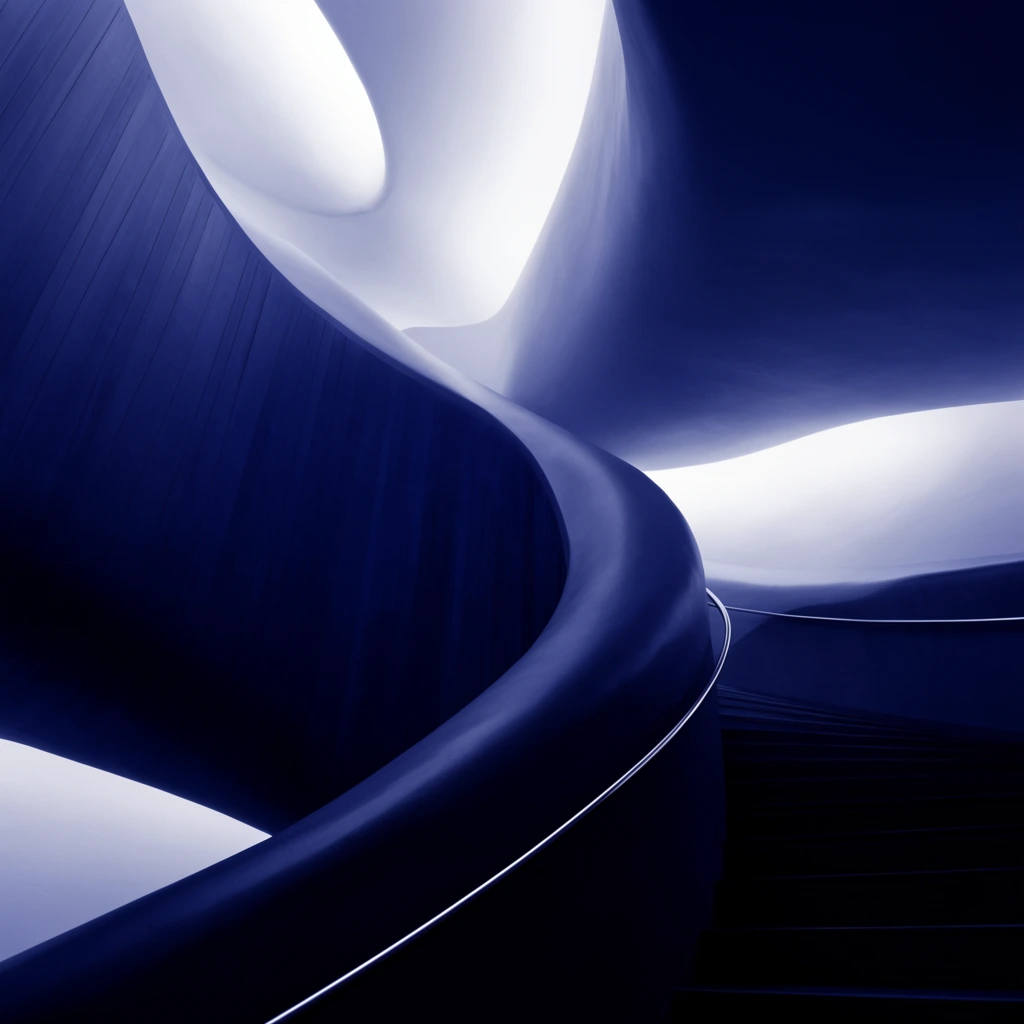 Sweeping abstract interior architecture defined by monumental organic curves and dramatic high-contrast lighting. Smooth undulating walls form a spiraling ascent enveloping a darkened staircase. A thin continuous metal handrail traces the lower curve, catching a sharp highlight against the deep shadows. The composition uses a strict monochromatic palette of deep indigo, rich navy blue, and luminous stark white. Ethereal diffused light spills from overhead openings behind the massive sweeping forms, casting deep cavernous shadows in the foreground. A low-angle perspective emphasizes the dynamic futuristic geometry and sleek minimalist aesthetic. Faint vertical panel striations add subtle texture to the massive curved wall dominating the left side.