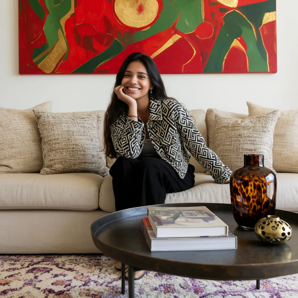 smiling young woman with long dark hair relaxing on a beige sofa, right hand supporting her chin, wearing a black and white geometric patterned jacket and black trousers, large abstract painting on the wall behind featuring vibrant red green and gold shapes, textured throw pillows, dark round metal coffee table in foreground holding stacked books, tortoiseshell glass vase, decorative brass object, patterned cream and purple rug, bright natural interior lighting, lifestyle photography, eye-level medium shot