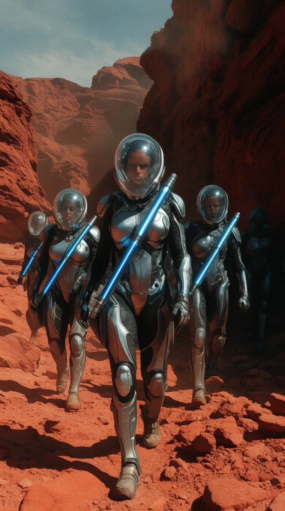 A squad of futuristic explorers in sleek silver bio-suits and domed glass helmets march through a rocky red desert canyon. They carry glowing blue energy staffs across their chests under harsh sunlight. Cinematic wide shot with deep shadows and gritty sci-fi realism.