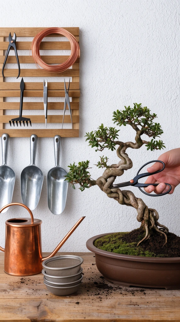 A hand with shears trims a dramatically twisted bonsai tree inside a brown oval planter on a wooden workbench. To the left, specialized tools are meticulously arranged against a textured white wall: a long-spouted copper watering can, stacked sieves, three metal soil scoops, and a slatted wooden rack displaying hanging steel cutters, rakes, tweezers, and coiled copper wire under crisp, even lighting.