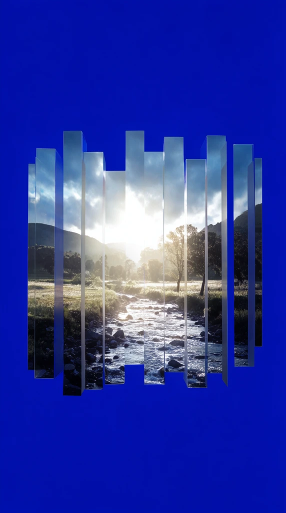 A rocky river flowing into the foreground through fields and scattered trees, backed by hills under a cloudy sky, is rendered as a fragmented photographic composition of staggered vertical panes floating centrally against a solid, flat, highly saturated ultramarine blue background. The landscape scene is sliced into multiple distinct vertical strips of varying heights and vertical alignments, with uneven top and bottom edges forming a jagged, stepped silhouette resembling standing glass slats or dimensional rectangular prisms. Within these fragmented slices, an intense, brilliant central light source pierces through the clouds, heavily backlighting the hills and trees to create dramatic, glowing edges and high-contrast silhouettes. The rocky river winds forward through the brightly exposed fields, catching the radiant, ethereal light. Each vertical segment features subtle three-dimensional side edges and faint internal shading, creating the illusion of physical thickness and refractive depth, sharply isolating the bright, sun-drenched landscape within the vast, uniform cobalt blue negative space.
